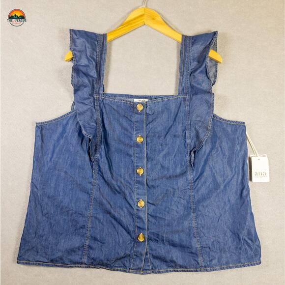 NWT A.N.A Blouse Top Blue Sleeveless Denim Ruffled Women's Size 1X - Picture 1 of 9